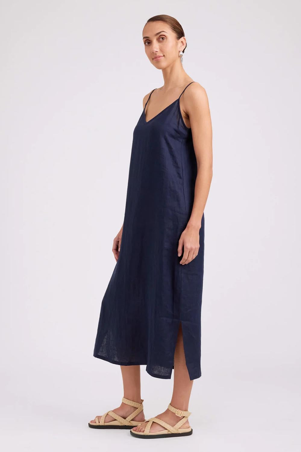 Model Genericm wearing size sample of the Studio Linen Tank Maxi Dress – Navy in colour Navy, from the front