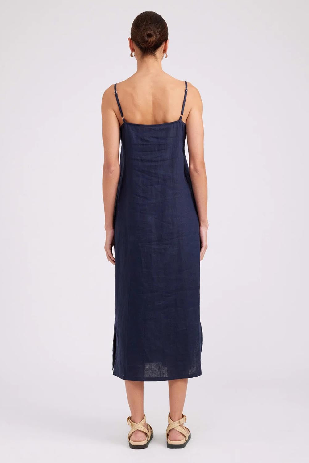 Model Genericm wearing size sample of the Studio Linen Tank Maxi Dress – Navy in colour Navy, from the front