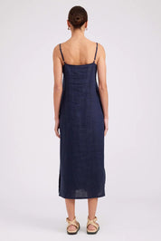Model Genericm wearing size sample of the Studio Linen Tank Maxi Dress – Navy in colour Navy, from the front