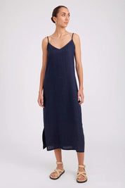 Model Genericm wearing size sample of the Studio Linen Tank Maxi Dress – Navy in colour Navy, from the front
