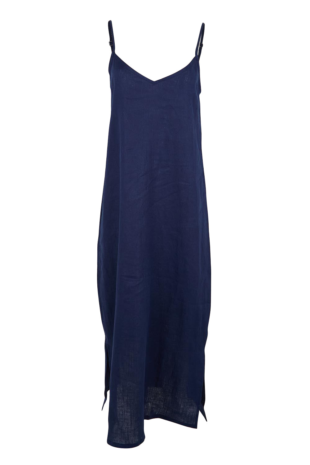 Product shot of the Studio Linen Tank Maxi Dress – Navy in colour Navy, from the front