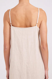 Model Genericm wearing size sample of the Studio Linen Tank Maxi Dress – Tusk in colour Tusk, from the back