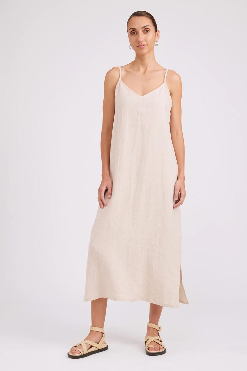 Model Genericm wearing size sample of the Studio Linen Tank Maxi Dress – Tusk in colour Tusk, from the front