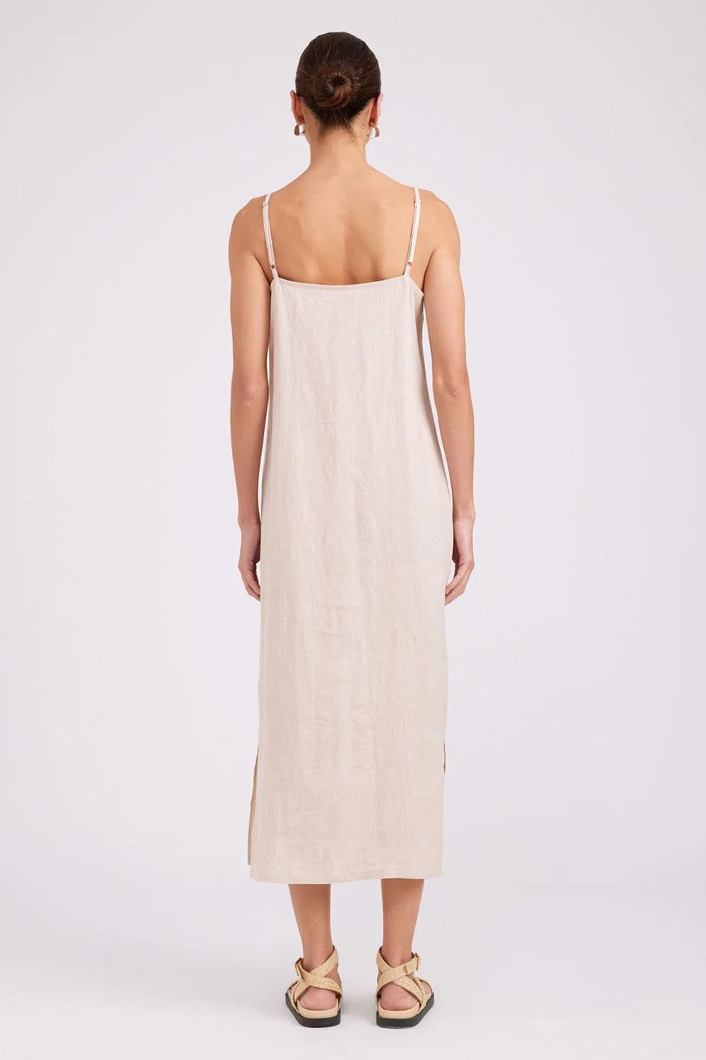 Model Genericm wearing size sample of the Studio Linen Tank Maxi Dress – Tusk in colour Tusk, from the front