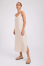Model Genericm wearing size sample of the Studio Linen Tank Maxi Dress – Tusk in colour Tusk, from the front
