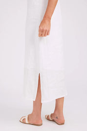 Model Genericm wearing size sample of the Studio Linen Tank Maxi Dress – White in colour White, from an angle