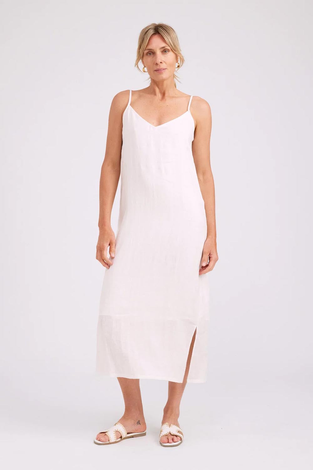 Model Genericm wearing size sample of the Studio Linen Tank Maxi Dress – White in colour White, from the front