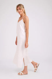 Model Genericm wearing size sample of the Studio Linen Tank Maxi Dress – White in colour White, from the front