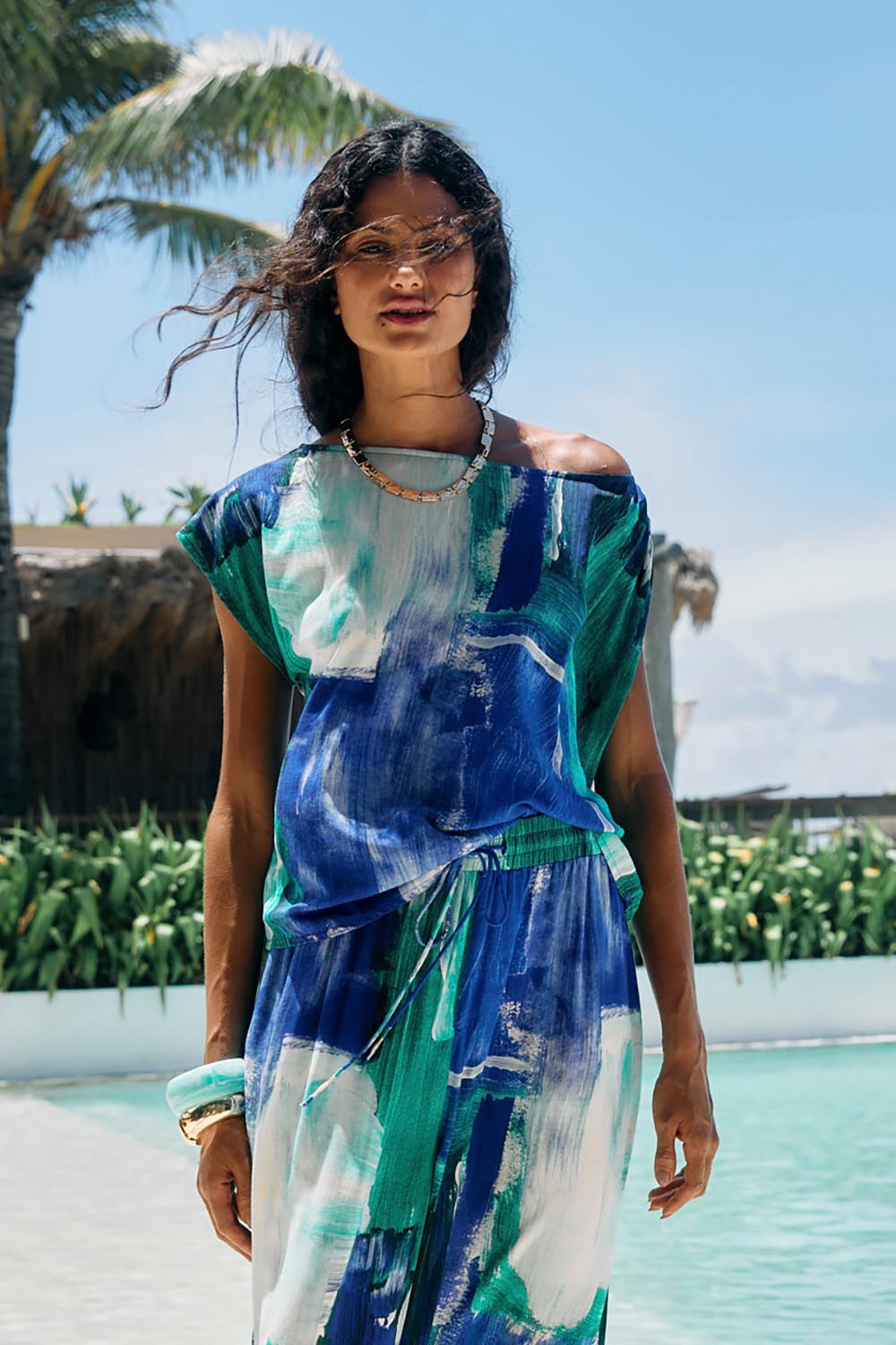 Model Genericm wearing size sample of the Palmera Top – Seafoam in colour Seafoam, from the front