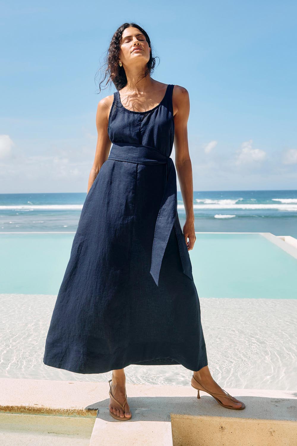 Model Genericm wearing size sample of the Cove Tank Linen Maxi Dress – Indigo in colour Indigo, from the front