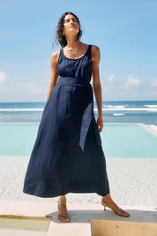Model Genericm wearing size sample of the Cove Tank Linen Maxi Dress – Indigo in colour Indigo, from the front