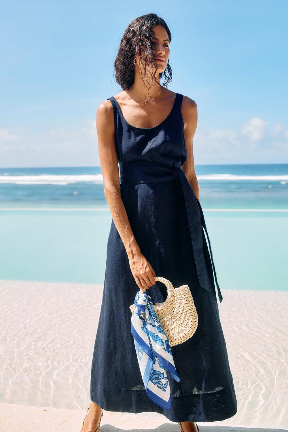 Model Genericm wearing size sample of the Cove Tank Linen Maxi Dress – Indigo in colour Indigo, from the front