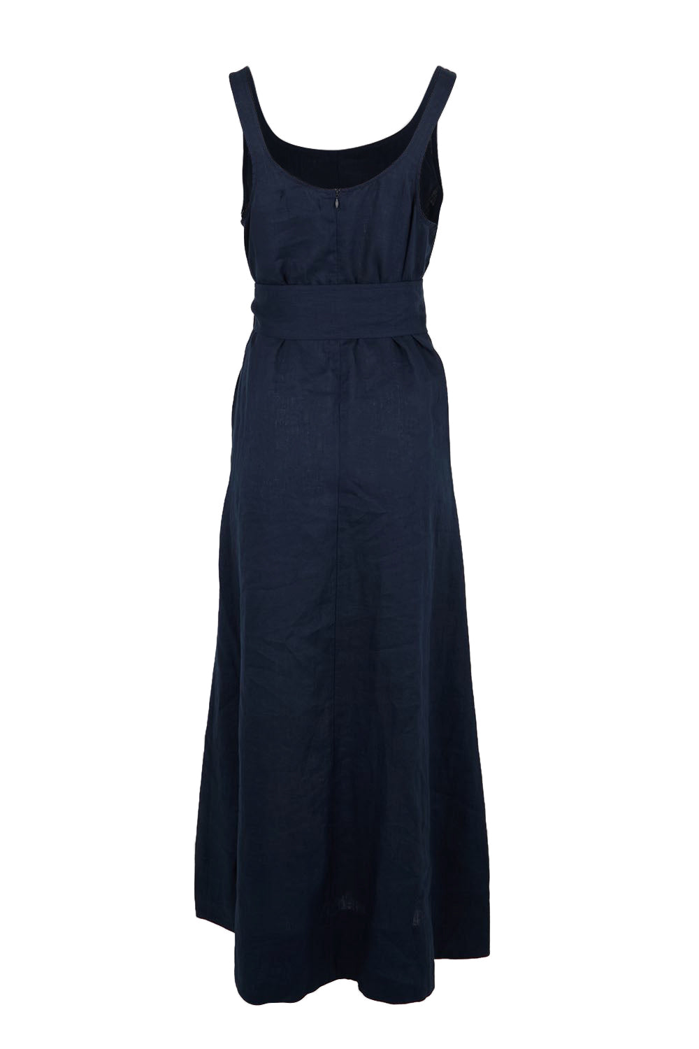 Product shot of the Cove Tank Linen Maxi Dress – Indigo in colour Indigo, from the back