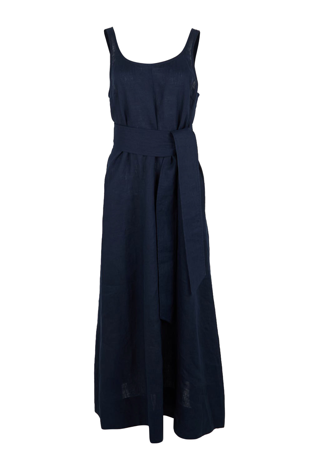 Product shot of the Cove Tank Linen Maxi Dress – Indigo in colour Indigo, from the front