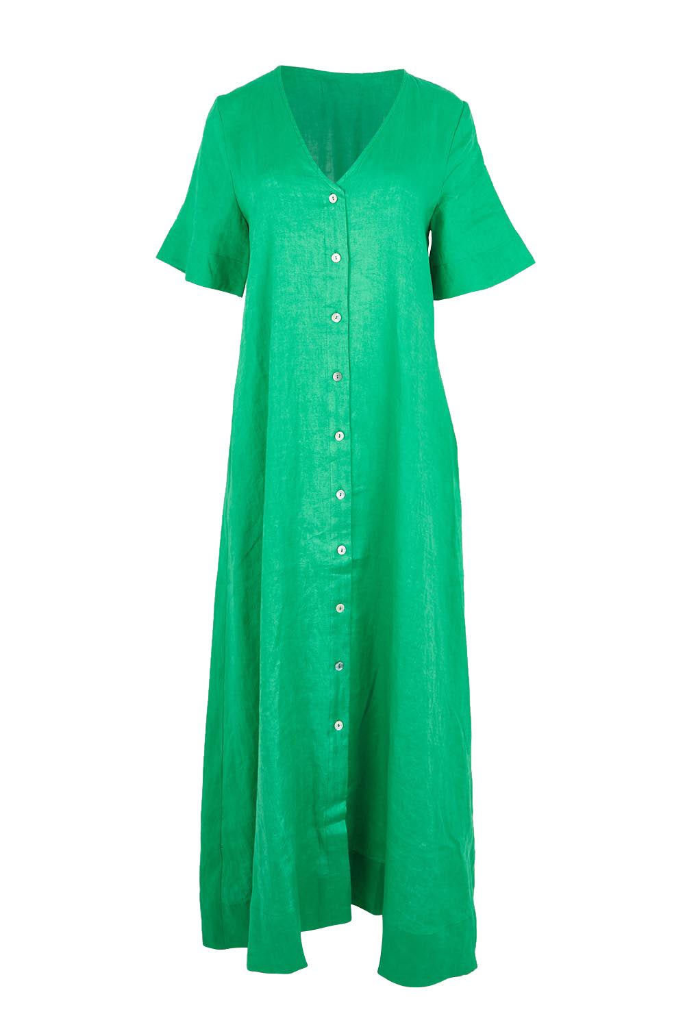 Product shot of the Cove Linen Maxi Dress – Jade in colour Jade, from the front