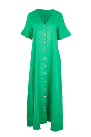 Product shot of the Cove Linen Maxi Dress – Jade in colour Jade, from the front