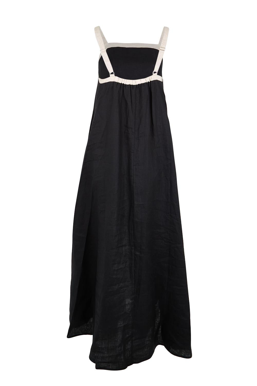 Product shot of the Maris Splice Tank Linen Maxi Dress – Blacktusk in colour Blacktusk, from the back