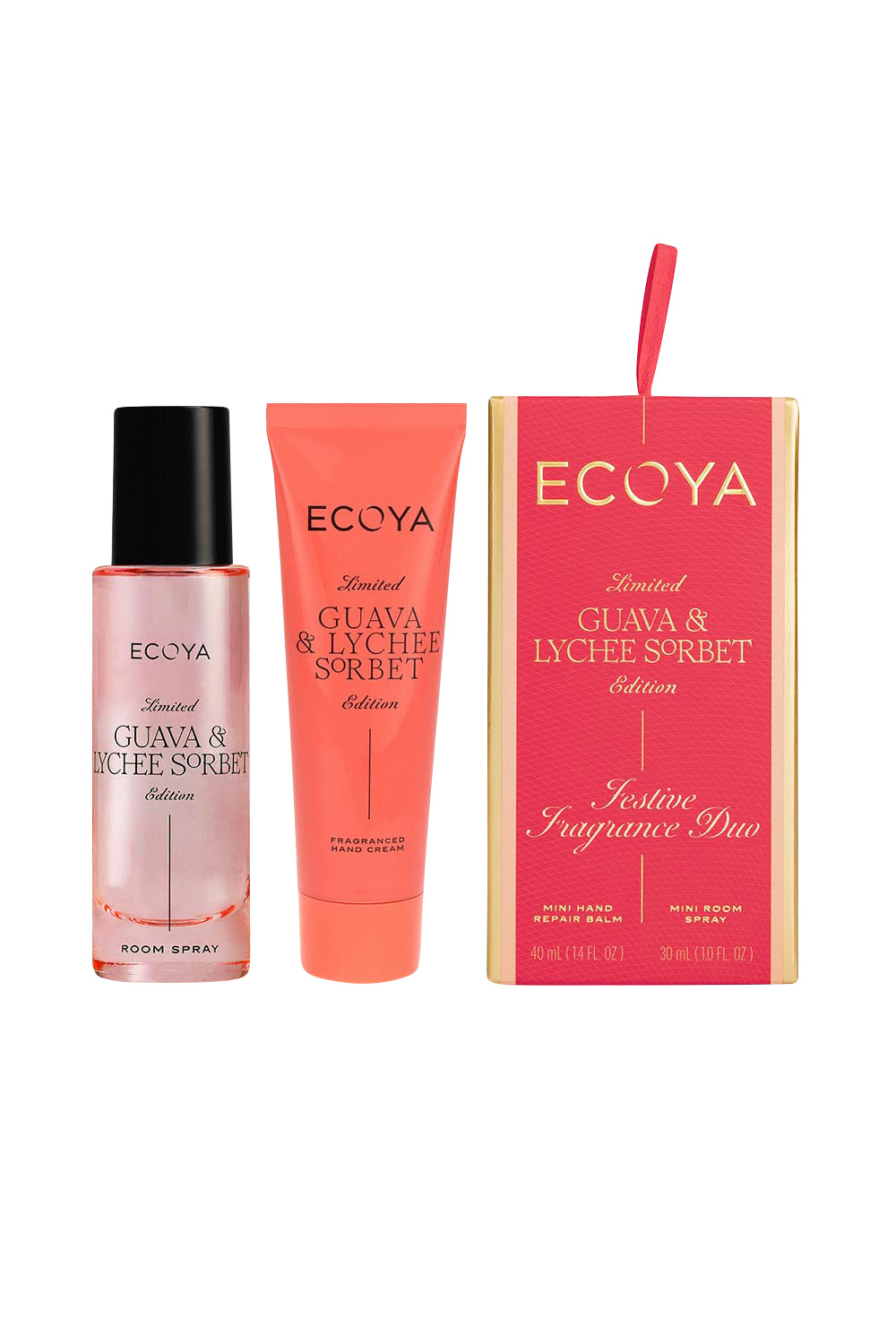 Product shot of the Festive Fragrance Duo Gift Set - Guavalychee in colour Guavalychee, from the front