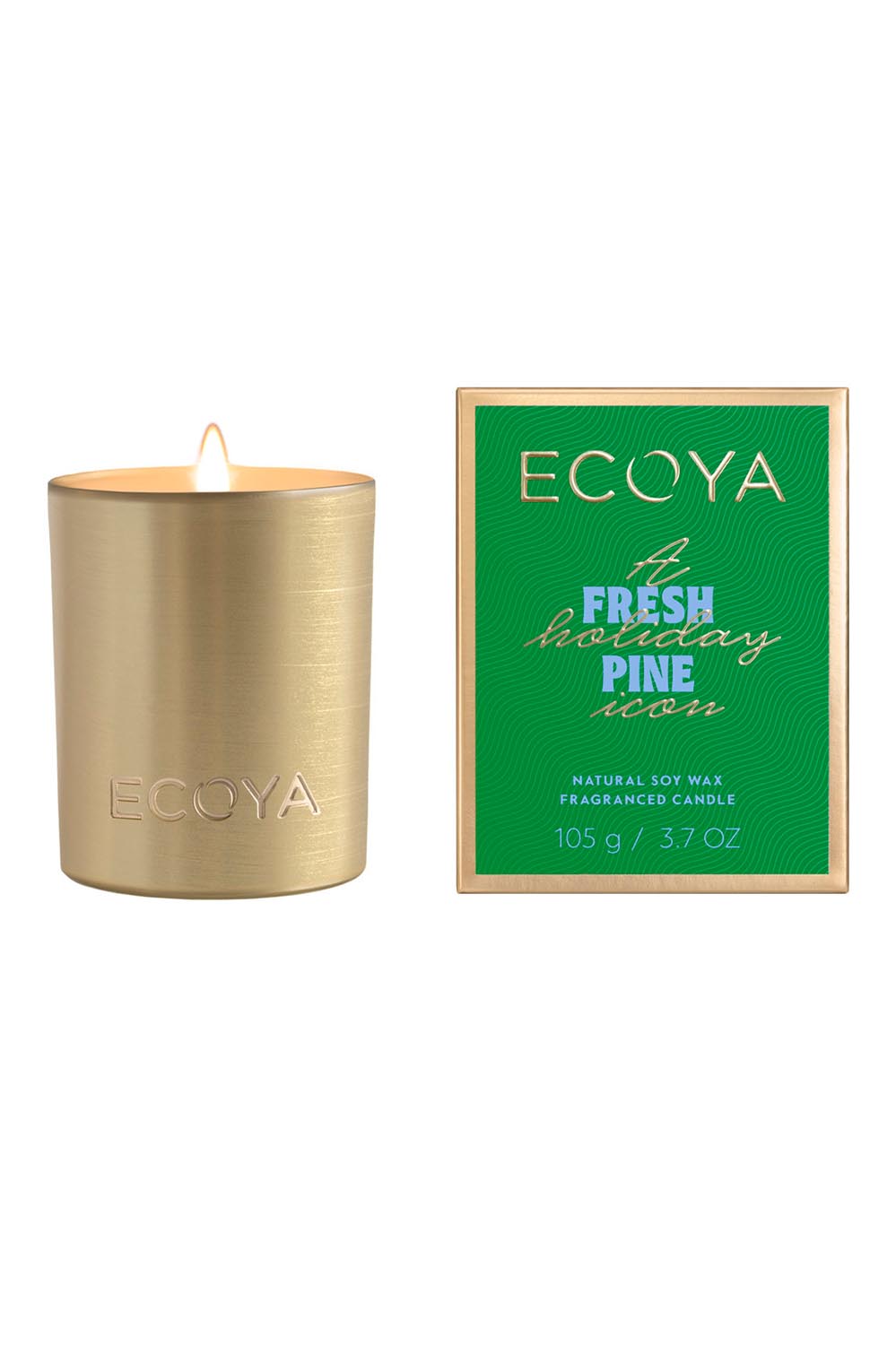 Product shot of the Mini Goldie Candle in colour Freshpine (Green), from the front
