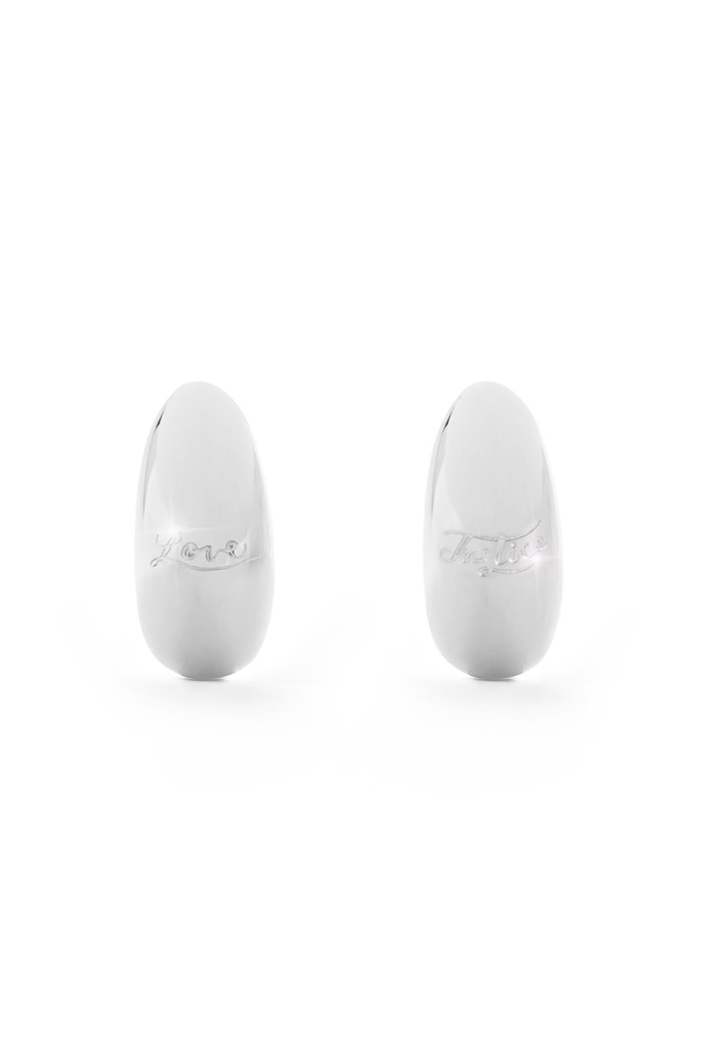 Product shot of the Love & Justice Half Hoop Earrings in colour Silver (Metallics), from the front