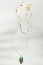 A model wearing the Parting Waters Necklace Set in colour Bluegold (Metallics), from the front, showing the whole outfit