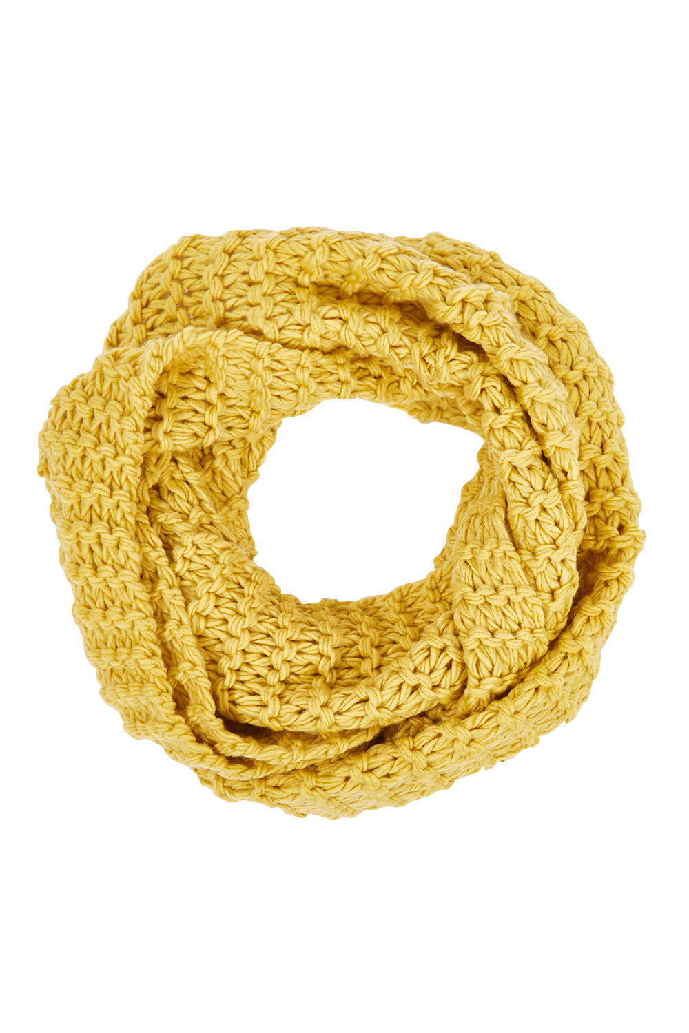 Product shot of the Organic Loop Scarf in colour Mustard, from the front