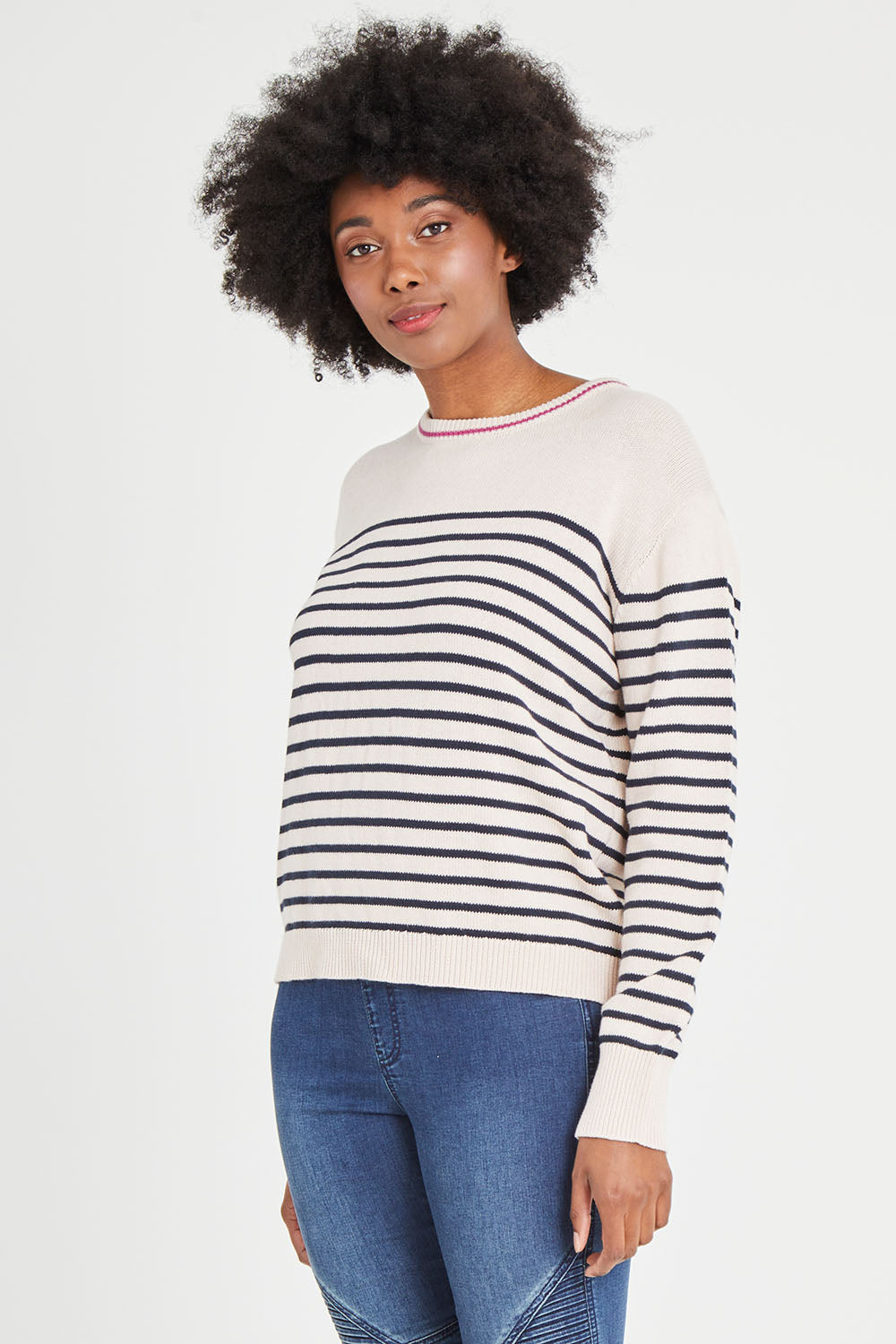 Model Aiyana wearing size 10 of the Portia Stripe Knit in colour Oatnavy (White), from the front, cropped image
