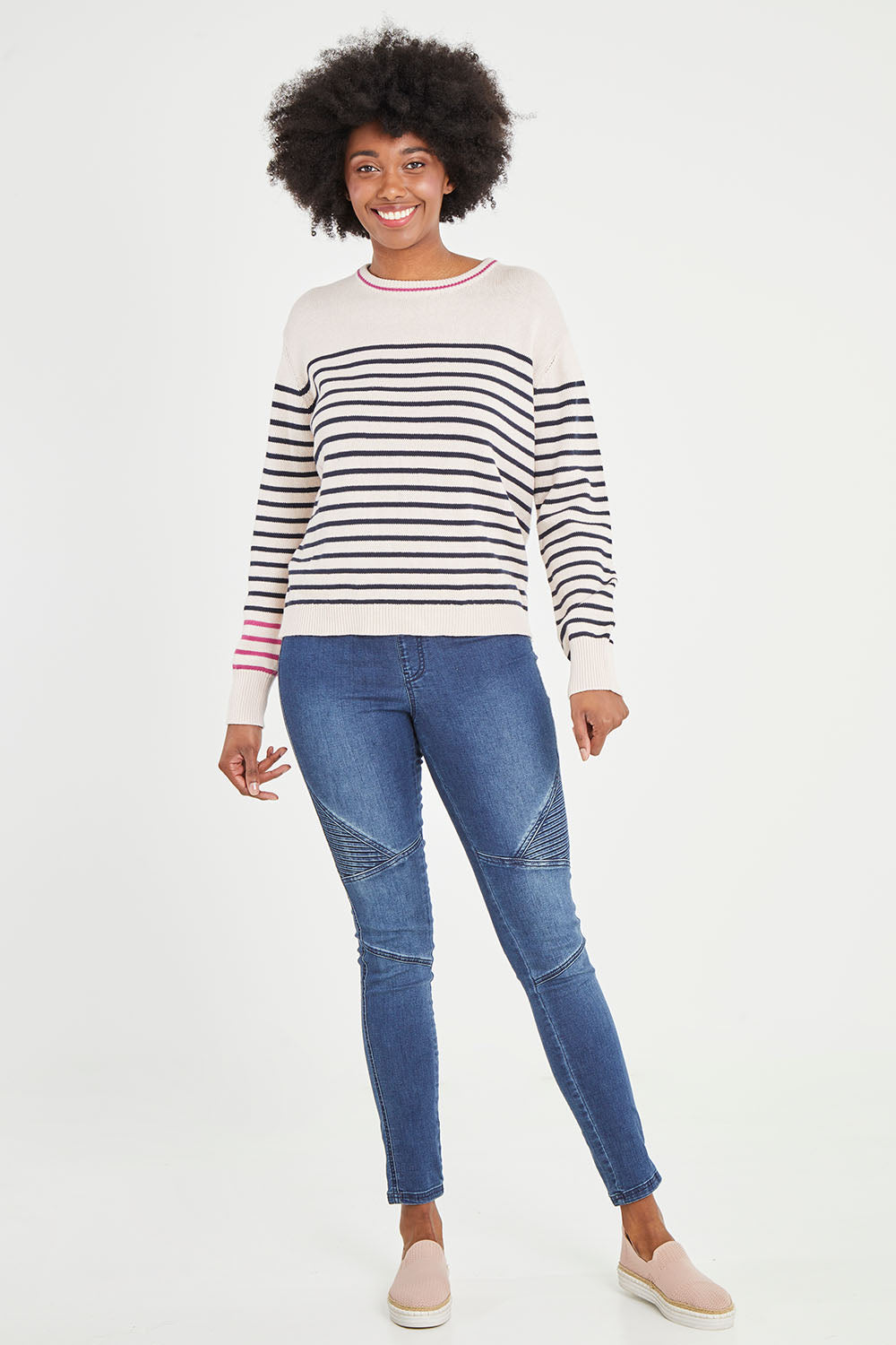 Model Aiyana wearing size 10 of the Portia Stripe Knit in colour Oatnavy (White), from the front, showing the whole outfit