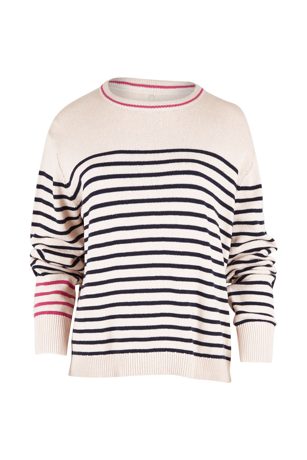 Product shot of the Portia Stripe Knit in colour Oatnavy (White), from the front
