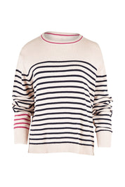 Product shot of the Portia Stripe Knit in colour Oatnavy (White), from the front