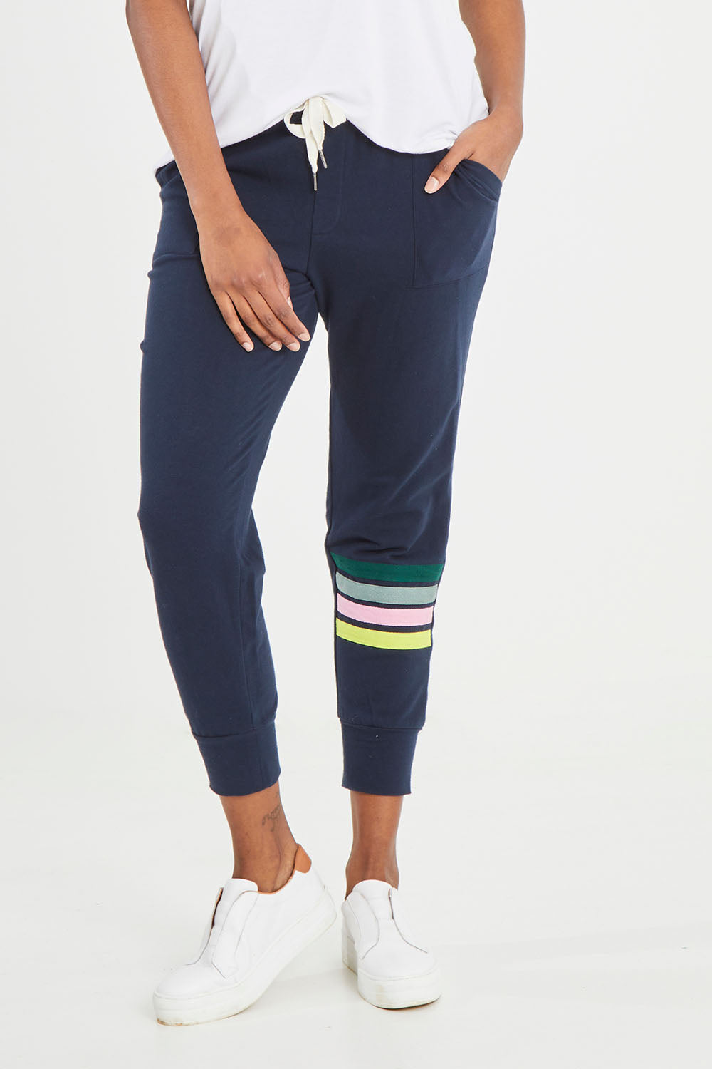 Model Aiyana wearing size 10 of the Wavelength Lounge Pant in colour Navy (Blue), from the front, cropped image