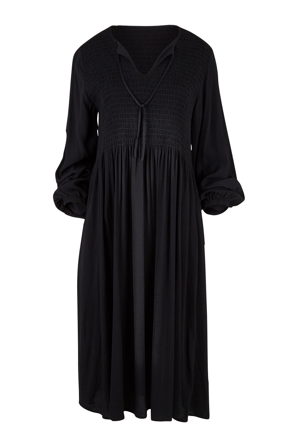 Product shot of the Lottie Midi Dress in colour Black (Black), from the front