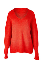 Product shot of the Verity V Neck Knit in colour Tangello (Red), from the front