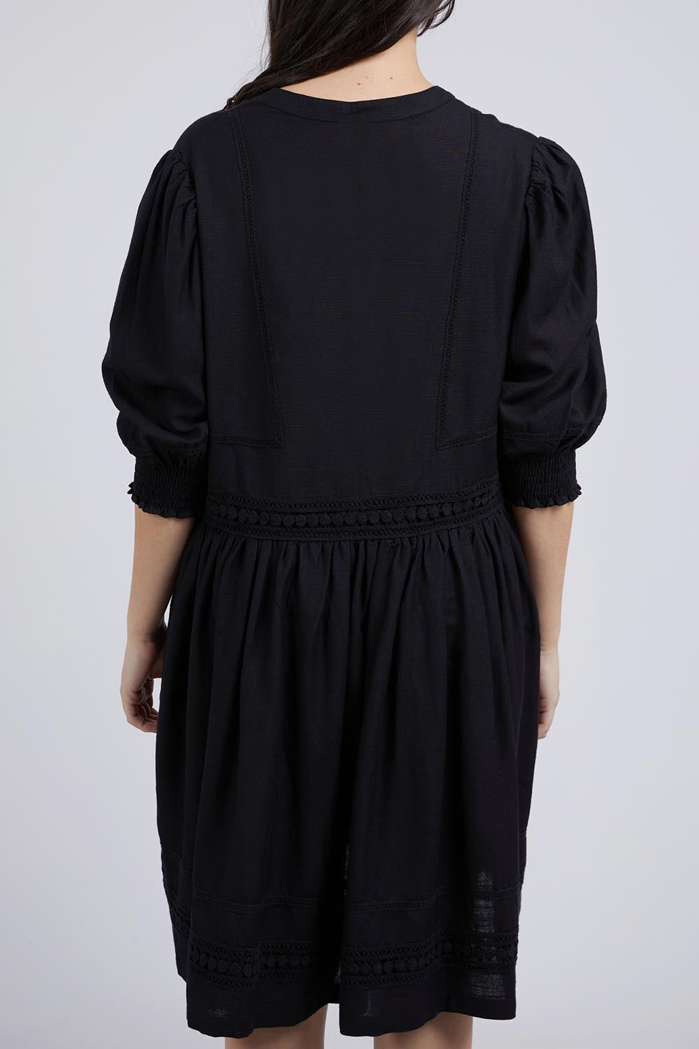 A model wearing the Market Dress in colour Black (Black), from the back