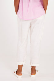 Model Olivia wearing size 10 of the Clem Relaxed Linen Blend Pant in colour Coconut (White), from the back