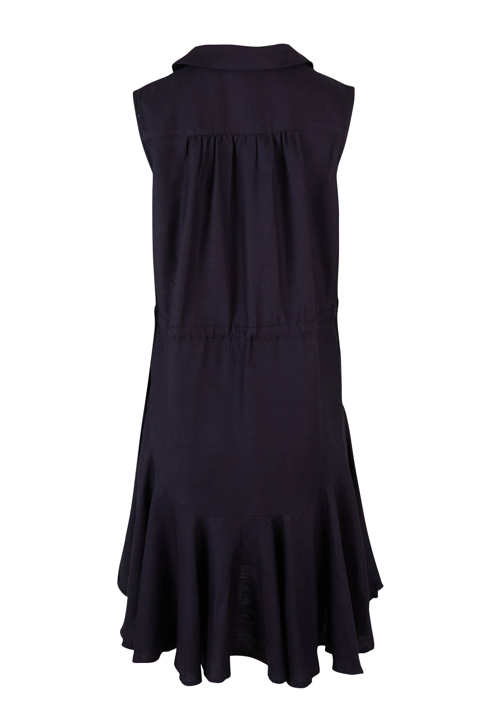 Product shot of the Clem Flippy Dress in colour Navy (Blue), from the back