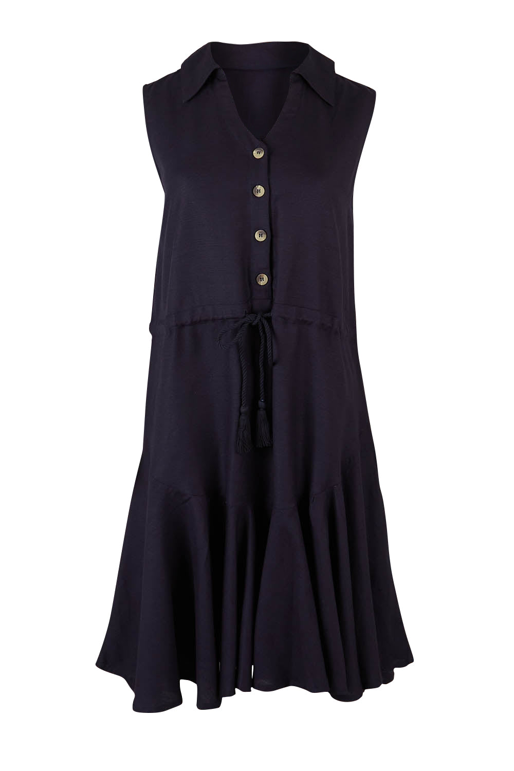 Product shot of the Clem Flippy Dress in colour Navy (Blue), from the front