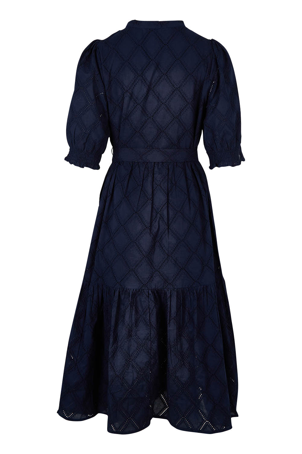 Product shot of the Ottilie Broderie Dress in colour Navy (Blue), from the back