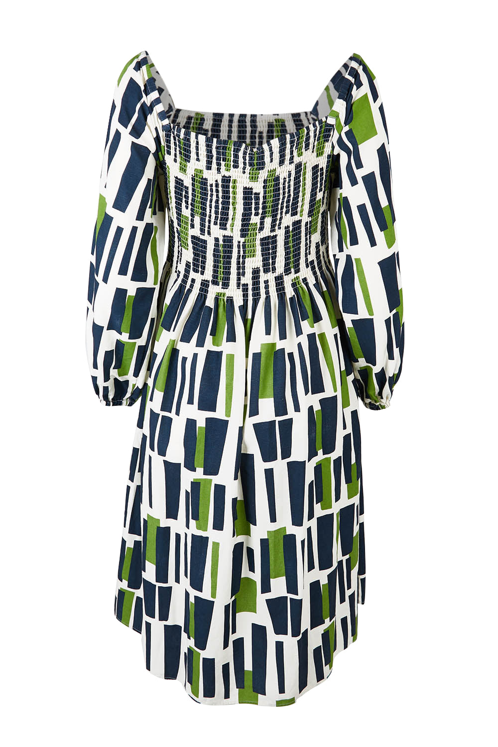 Product shot of the Valley Dress in colour Valleygeo (White), from the back