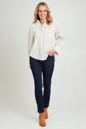 Model Grace wearing size 10 of the Sorrel Stripe Shirt in colour Pearljungl, from the front, showing the whole outfit