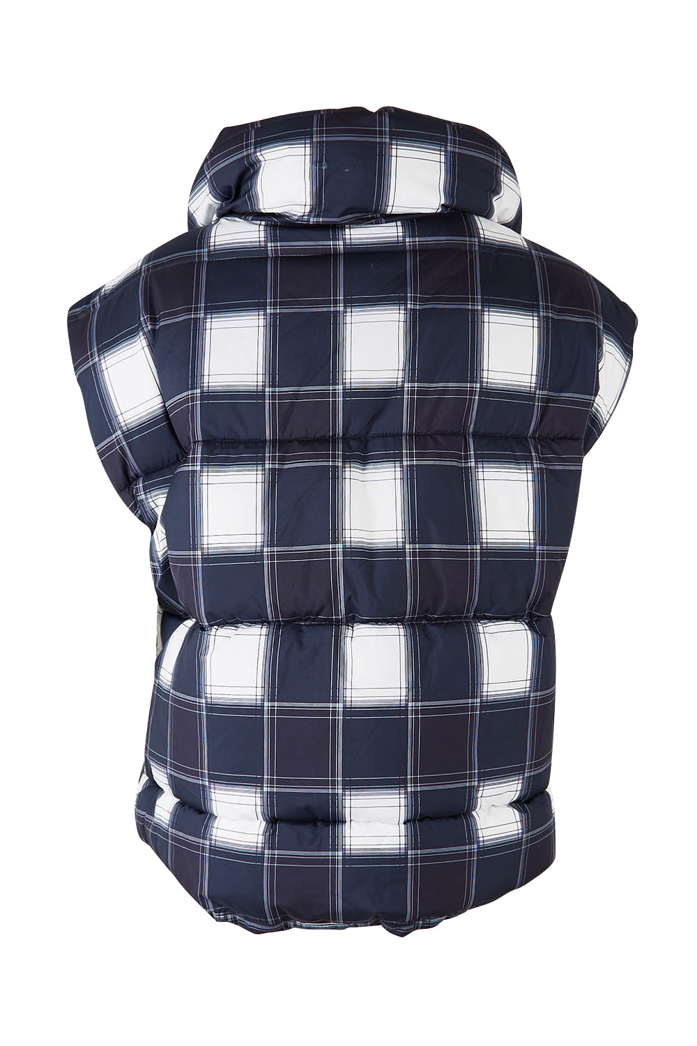 Product shot of the Cedar Check Puffer Vest in colour Navycheck (Blue), from the back