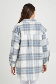 Model Madeline wearing size S of the Victory Check Shacket in colour Check (White), from the back