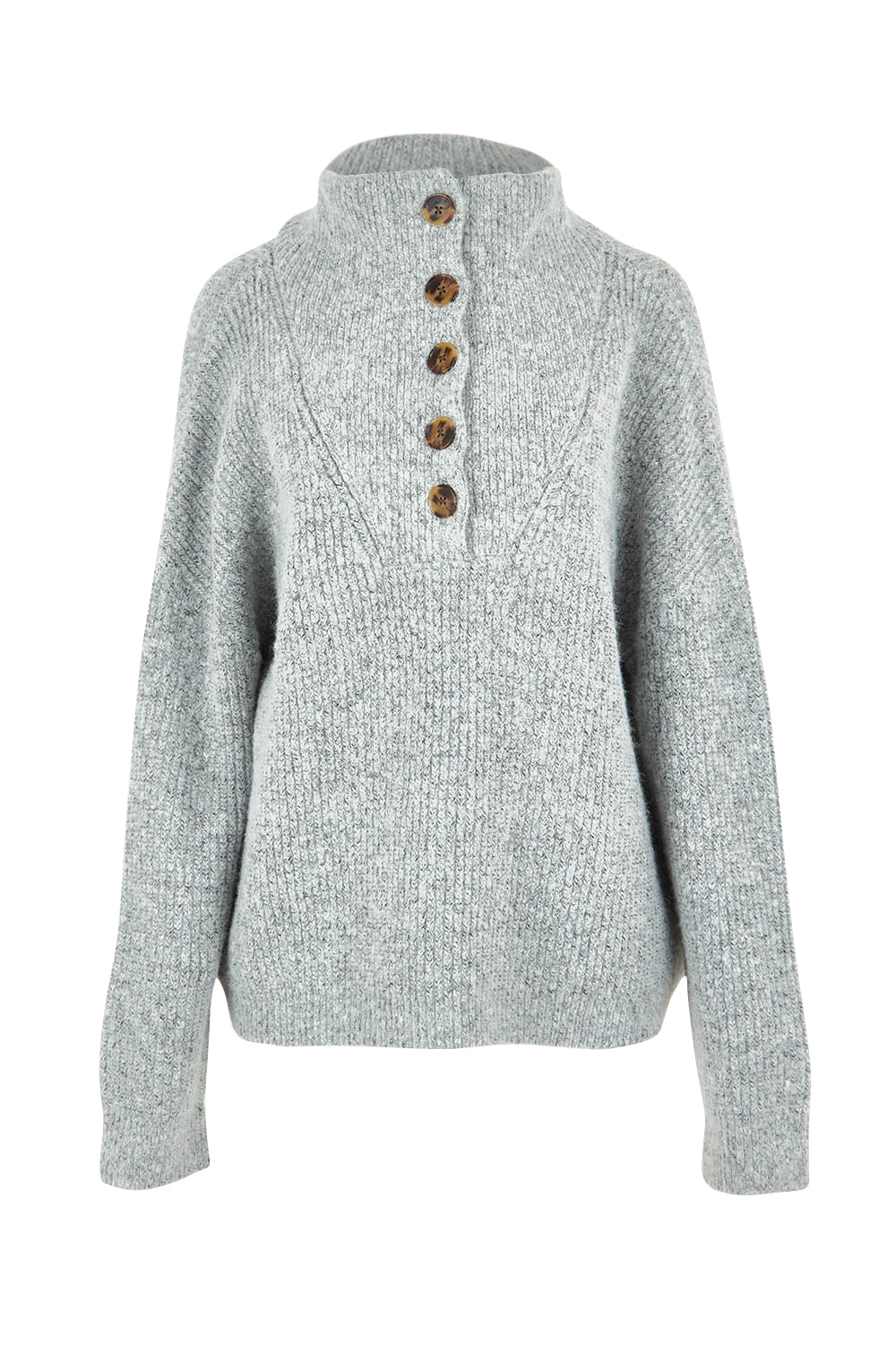 Product shot of the Bron Button Knit in colour Greymarle (Grey), from the front