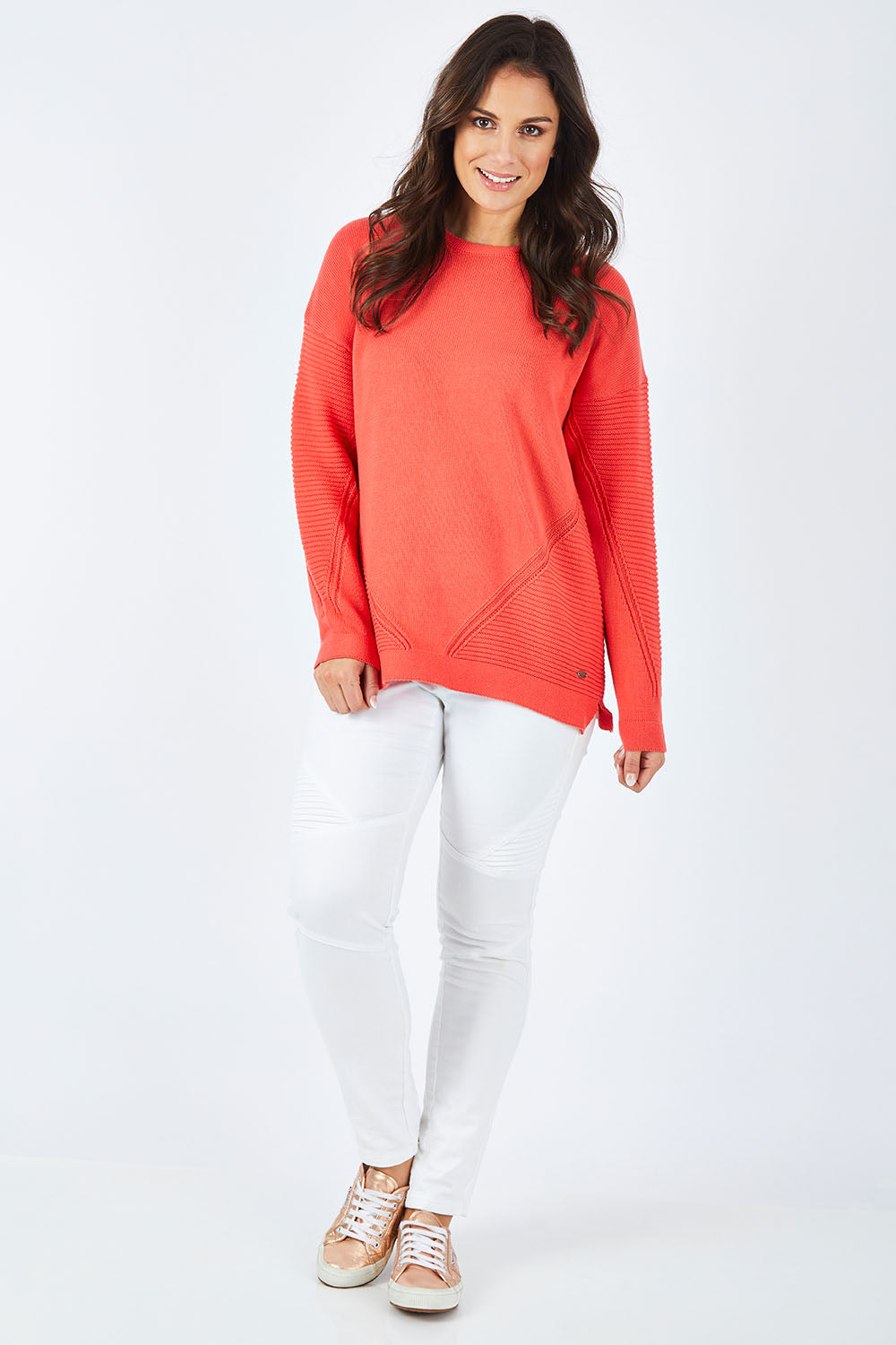 Model Shadae wearing size 10 of the Ember Knit in colour EmberGlow, from the front, showing the whole outfit