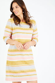 Model Shadae wearing size 10 of the Juniper Stripe Dress in colour Multistrip (Pink), from the front, cropped image