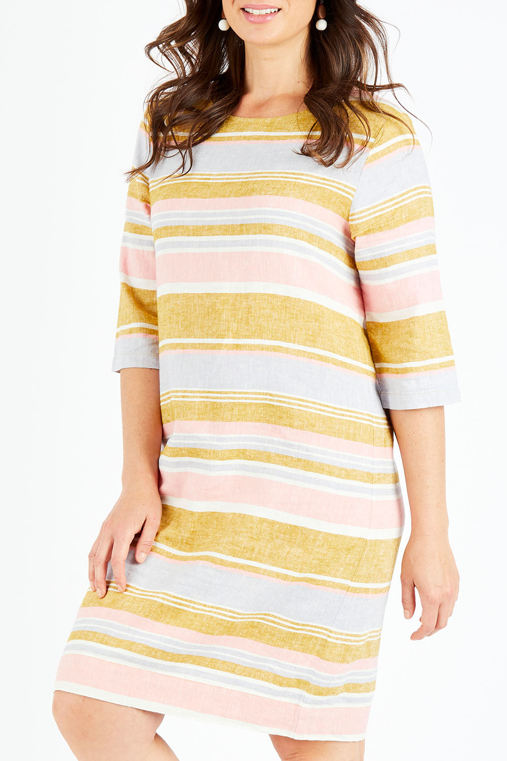 Model Shadae wearing size 10 of the Juniper Stripe Dress in colour Multistrip (Pink), from the front, cropped image