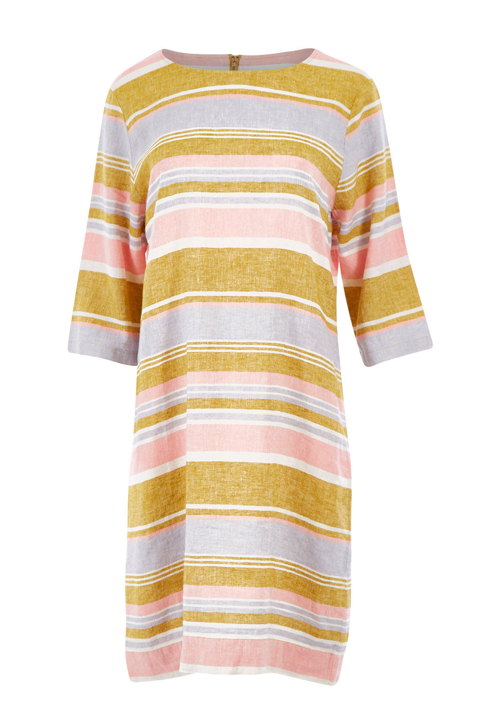 Product shot of the Juniper Stripe Dress in colour Multistrip (Pink), from the front