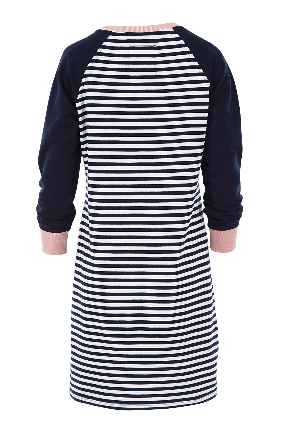 Product shot of the Bordeaux Spliced Dress in colour NavyWhite (Blue), from the back