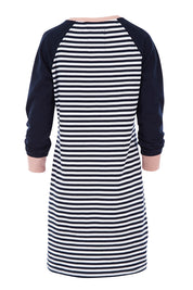 Product shot of the Bordeaux Spliced Dress in colour NavyWhite (Blue), from the back