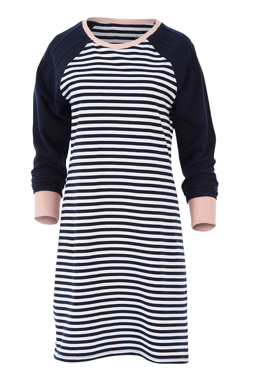 Product shot of the Bordeaux Spliced Dress in colour NavyWhite (Blue), from the front